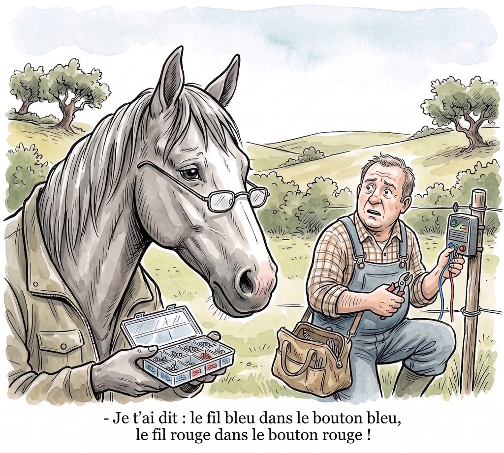 dessin humoristique : le cheval électricien di au fermier : "le fil bleu dans le bouton bleu, le fil rouge dans le bouton rouge"