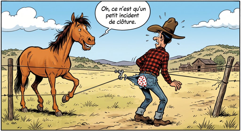 dessin de presse : un cheval appuie sur la clôture, malencontreusement reliée au pantalon du cow-boy