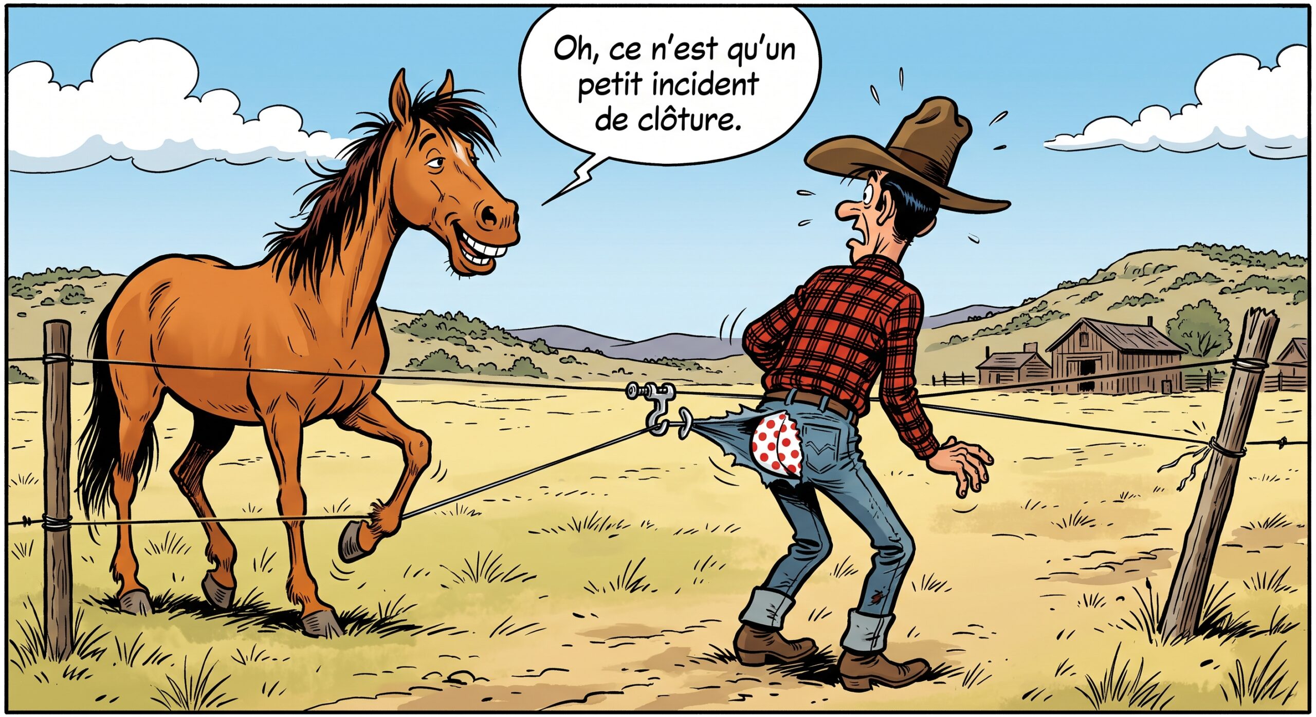 dessin de presse : un cheval appuie sur la clôture, malencontreusement reliée au pantalon du cow-boy