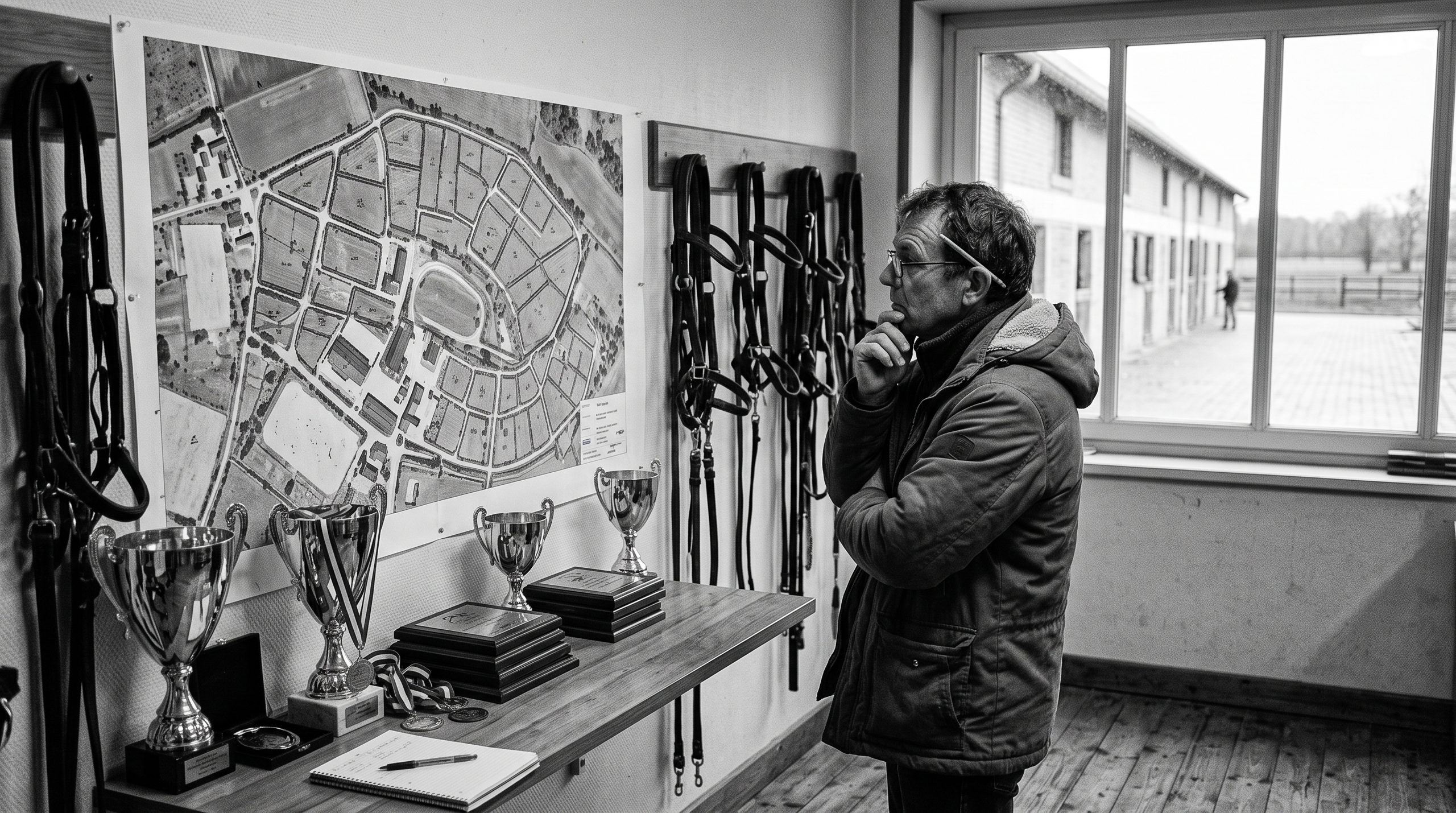 un responsable de centre équestre devant le parcellaire de son établissement, avec des coupes et des licols au mur