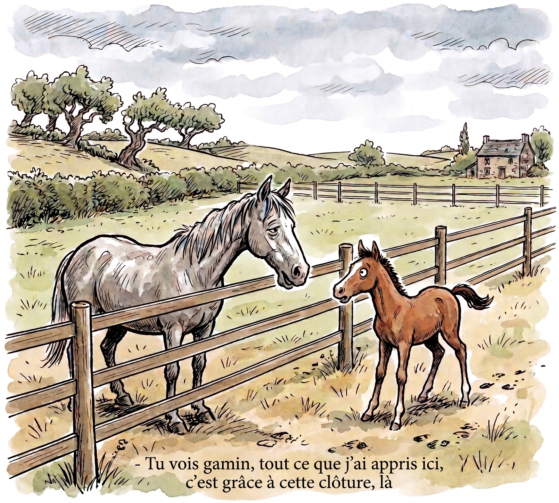vieux cheval disant à un jeune poulain : "tout ce que j'ai appris, c'est grâce à cette clôture" (dessin de presse)