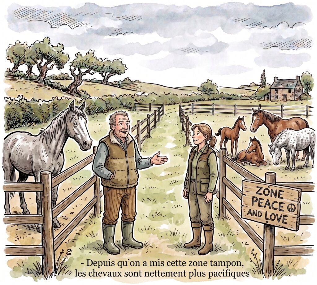 illustration : le directeur de centre équestre explique à sa consoeur : "depuis qu'on a mis en place cette zone tampon, les chevaux sont beaucoup plus pacifiques"