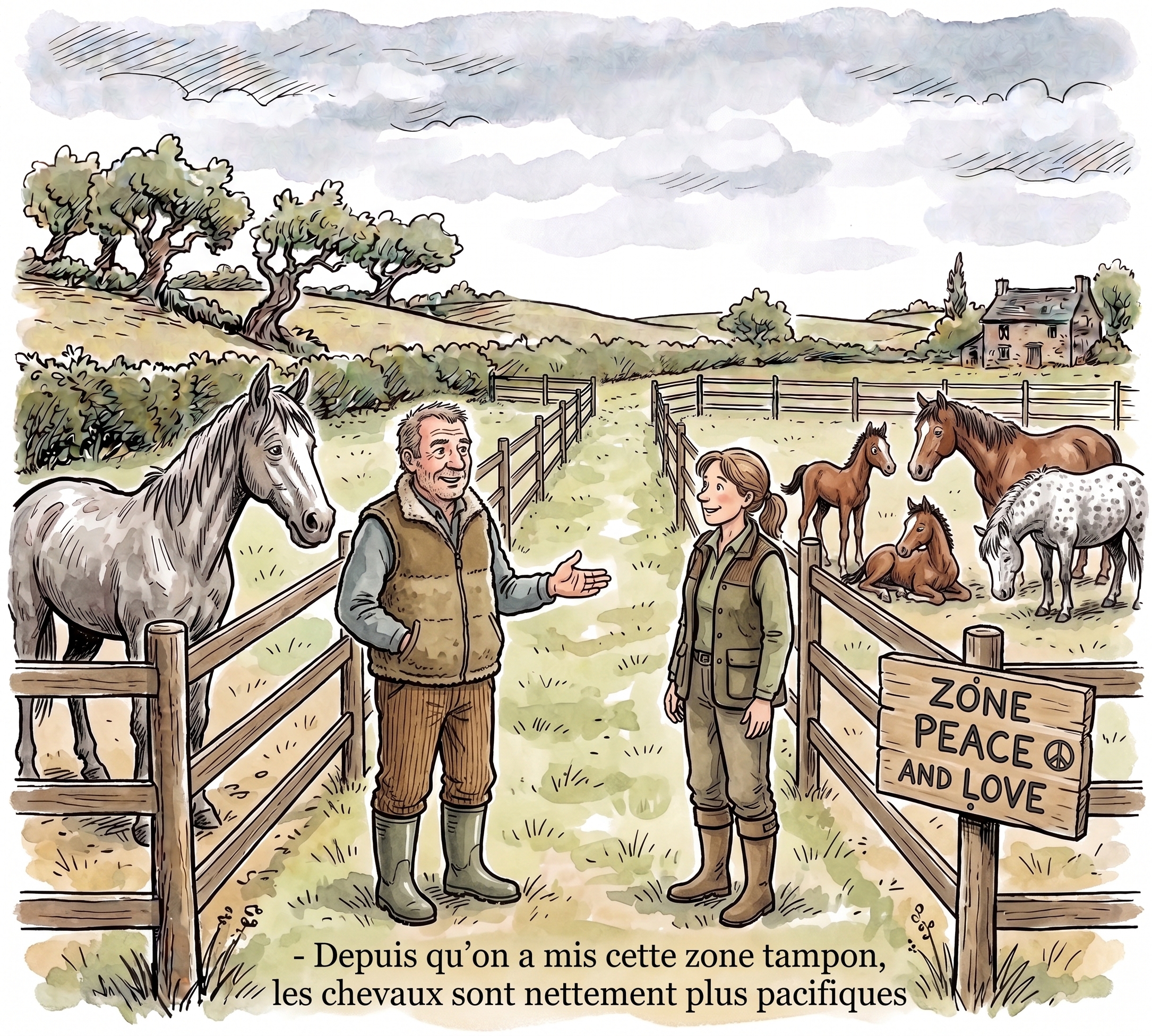 illustration : le directeur de centre équestre explique à sa consoeur : "depuis qu'on a mis en place cette zone tampon, les chevaux sont beaucoup plus pacifiques"